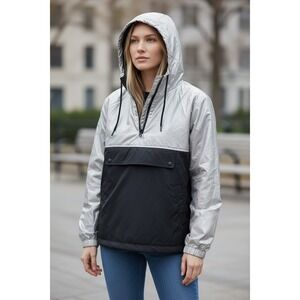 Xersion Colorblock Anorak Jacket Silver Black Hooded Pullover Women XL stain pic